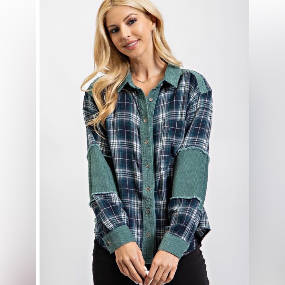 Easel Green Plaid Printed Contrast Corduroy Button Down Loose Fit Shirt Size L